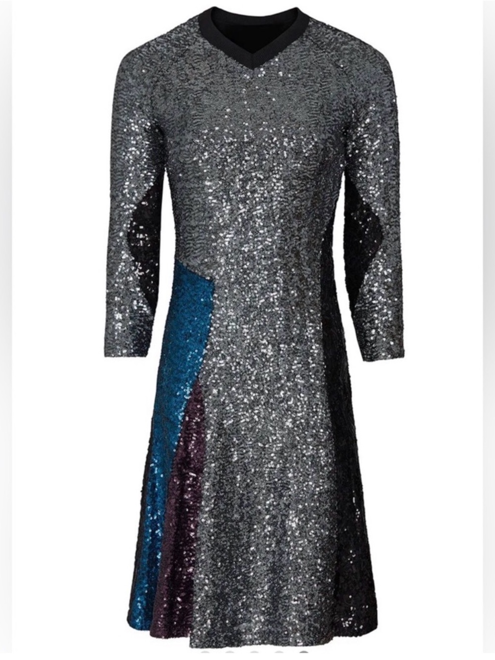 KOCHÉ Sequin V-Neck A-Line Dress in Silver with Color-Block Panels